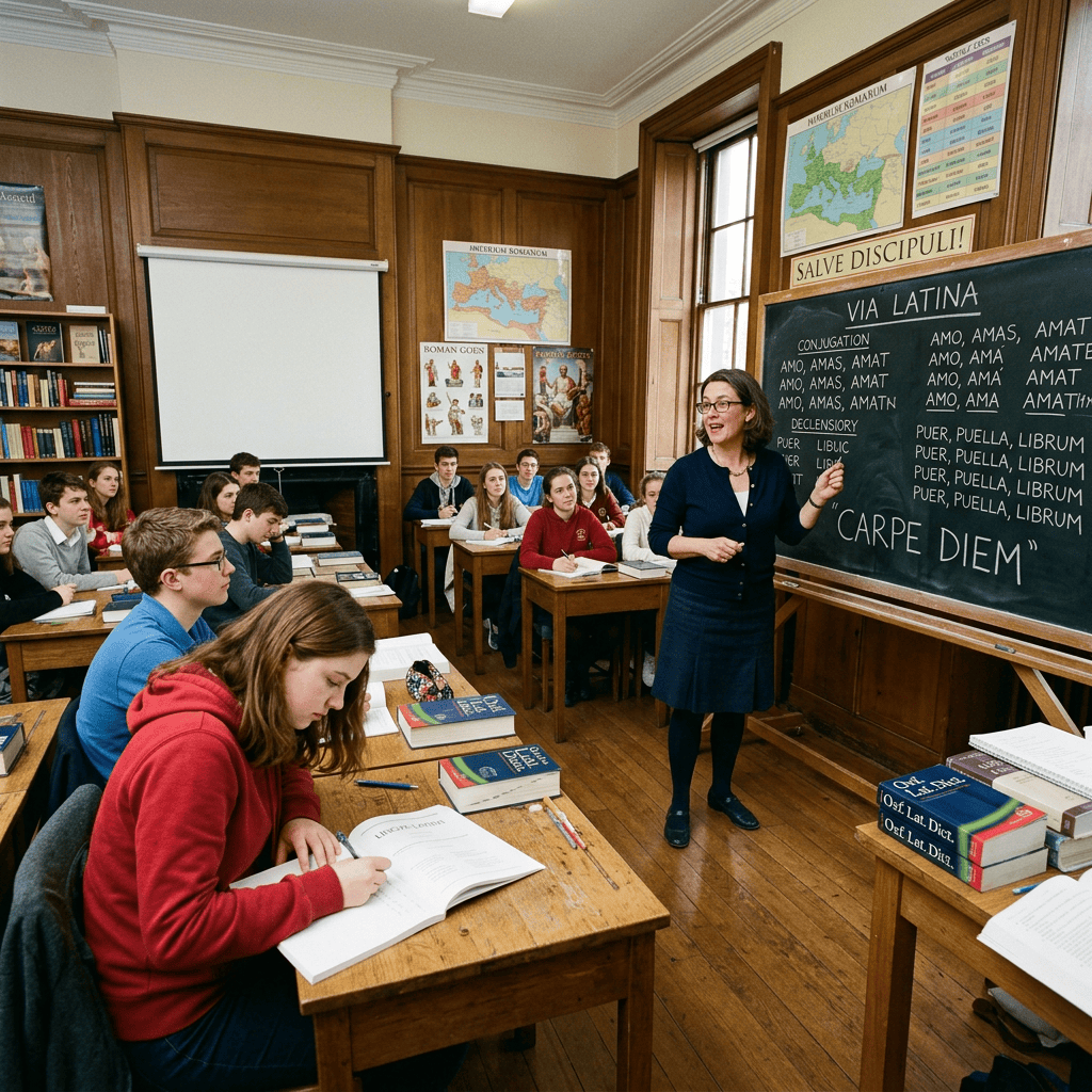 Teacher teaching Latin grammar with conjugations on a chalkboard